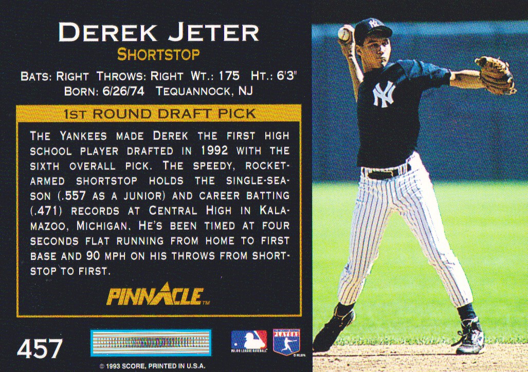 1993 Pinnacle #457 Derek Jeter RC back image
