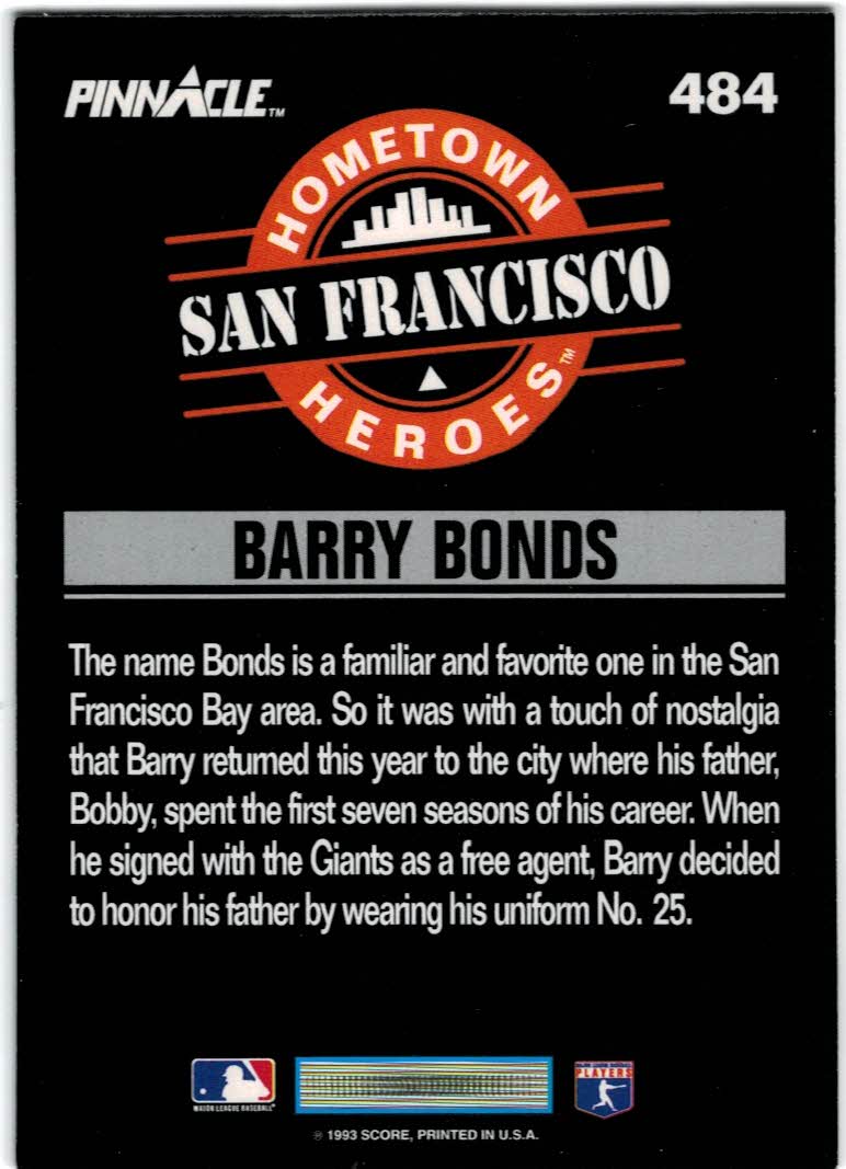 1993 Pinnacle #484 Barry Bonds HH back image