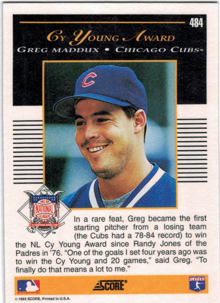 1993 Score #484 Greg Maddux CY back image