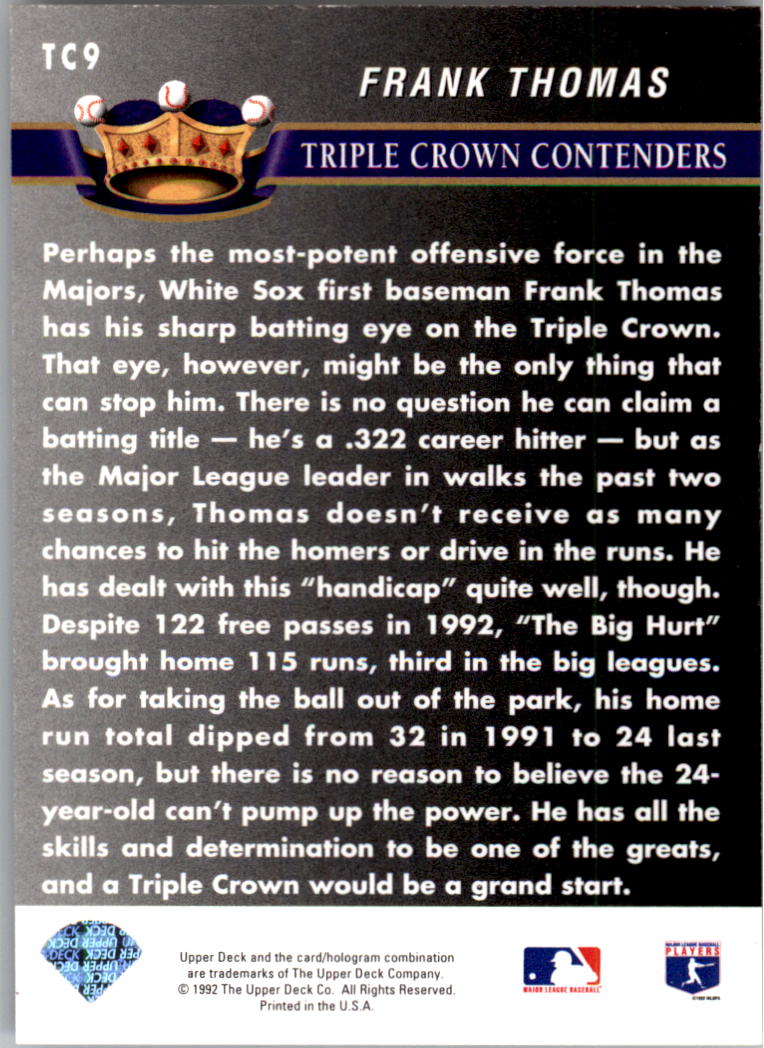 1993 Upper Deck Triple Crown #TC9 Frank Thomas back image
