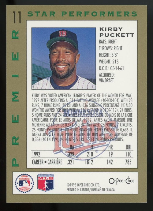 1993 O-Pee-Chee Premier Star Performers Foil #11 Kirby Puckett back image
