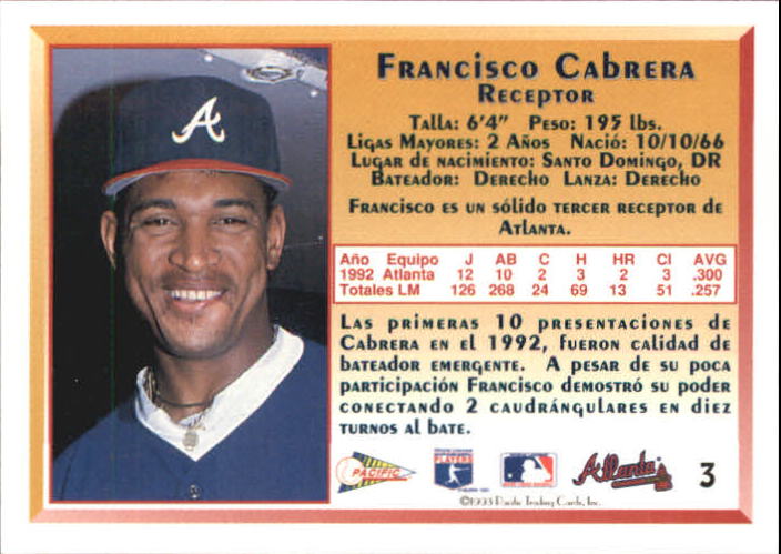 1993 Pacific Spanish #3 Francisco Cabrera back image