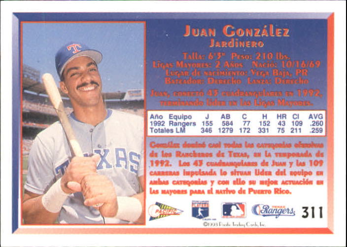 1993 Pacific Spanish #311B Juan Gonzalez/Blue uniform on back back image