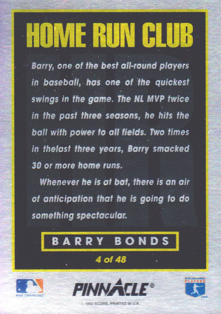 1993 Pinnacle Home Run Club #4 Barry Bonds back image