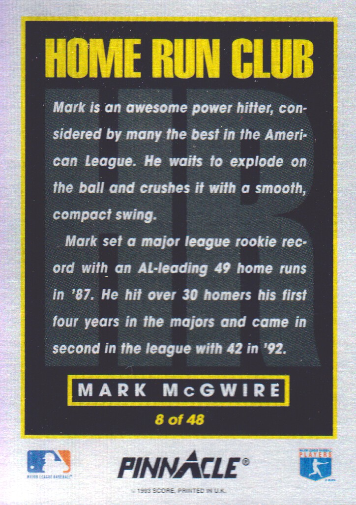 1993 Pinnacle Home Run Club #8 Mark McGwire back image