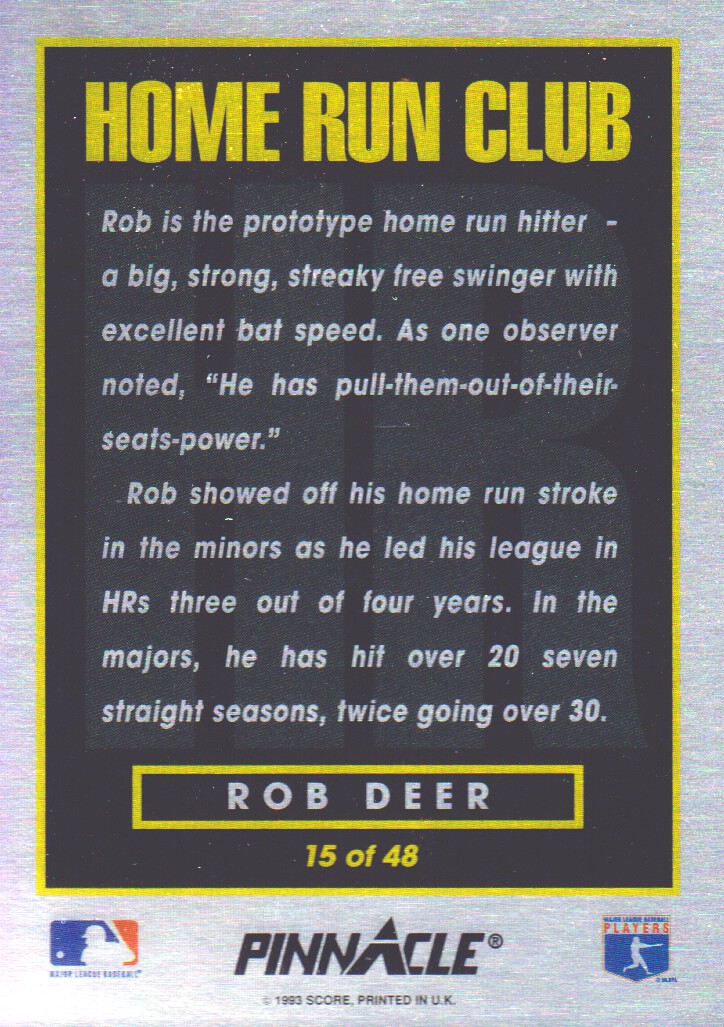 1993 Pinnacle Home Run Club #15 Rob Deer back image