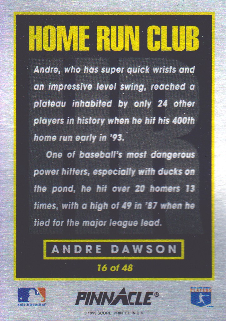 1993 Pinnacle Home Run Club #16 Andre Dawson back image