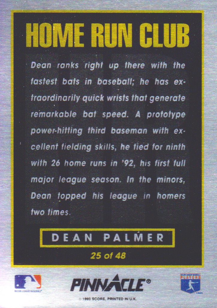1993 Pinnacle Home Run Club #25 Dean Palmer back image