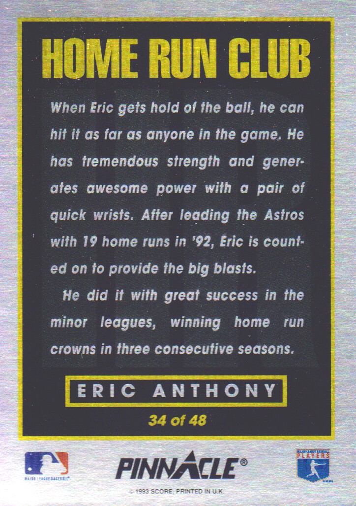 1993 Pinnacle Home Run Club #34 Eric Anthony back image