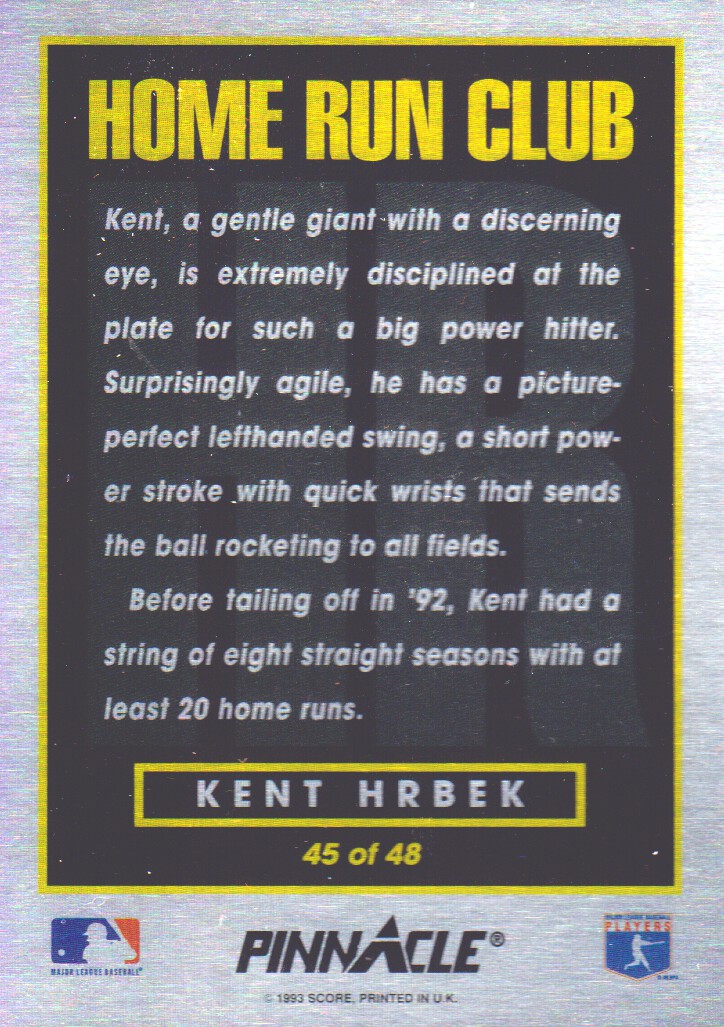 1993 Pinnacle Home Run Club #45 Kent Hrbek back image