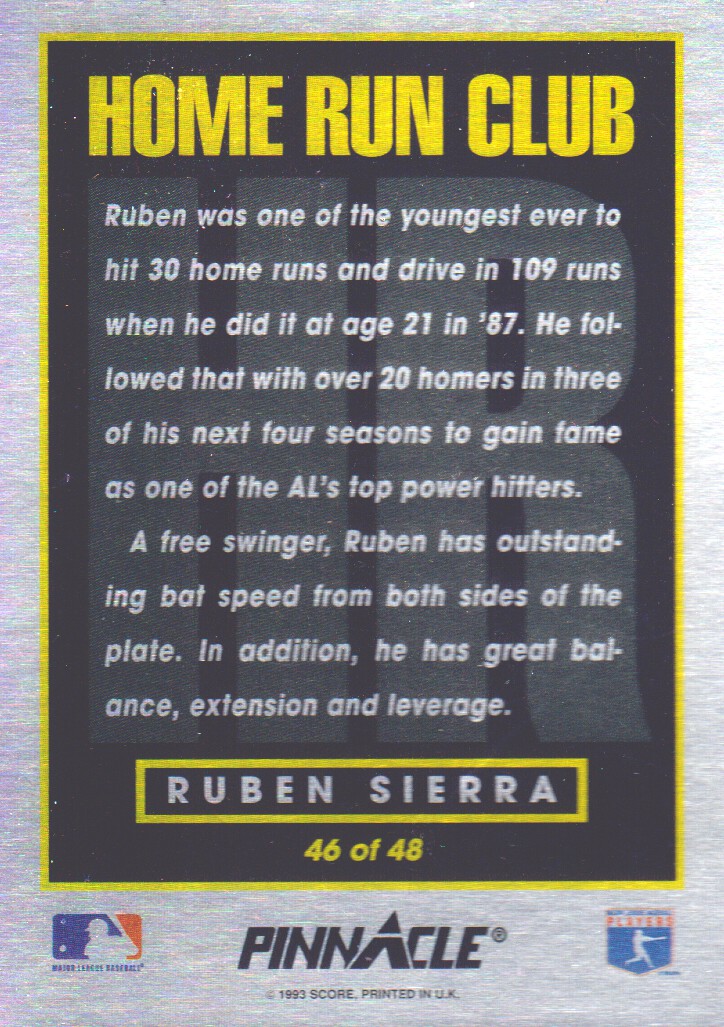 1993 Pinnacle Home Run Club #46 Ruben Sierra back image
