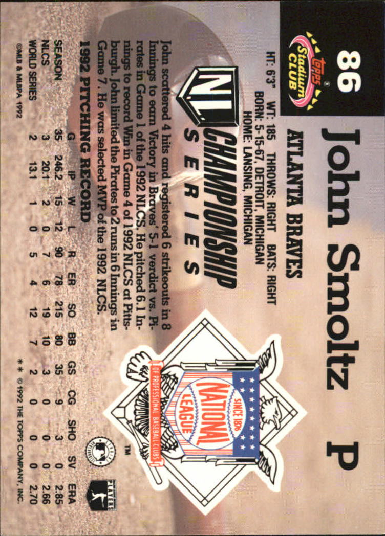 1993 Stadium Club Murphy #86 John Smoltz back image