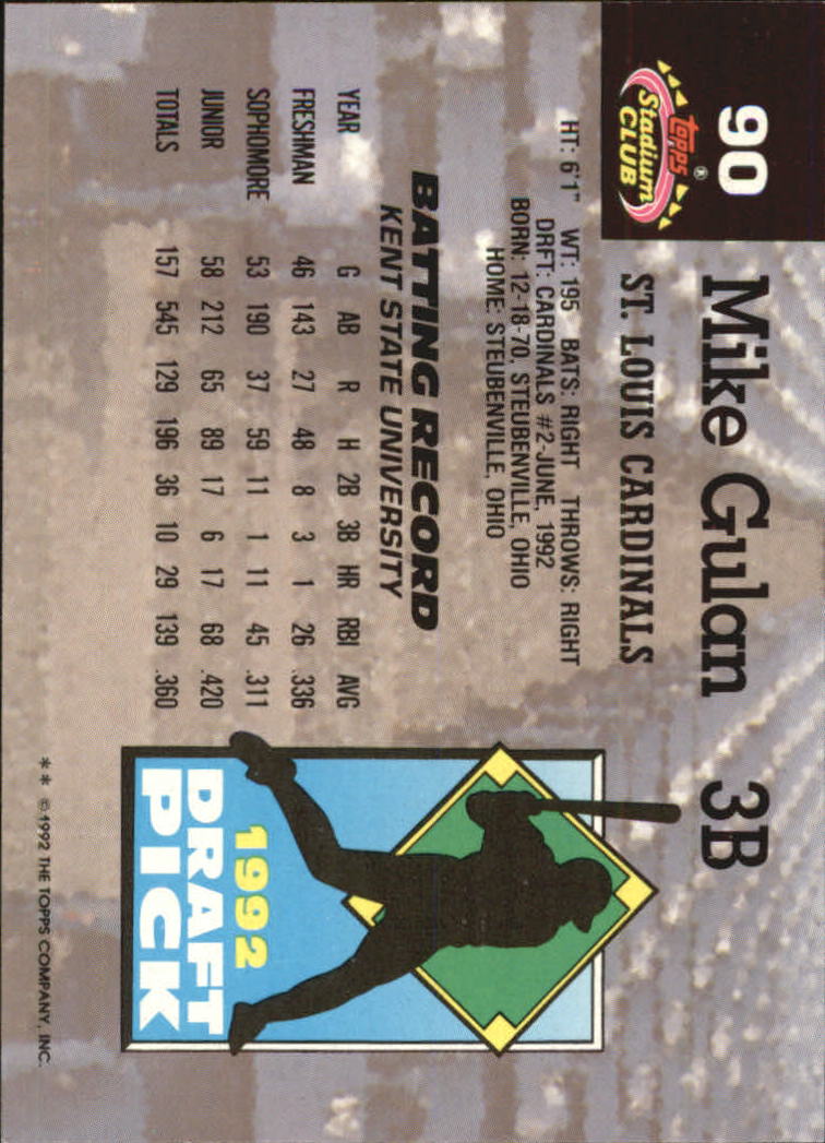 1993 Stadium Club Murphy #90 Mike Gulan RC back image