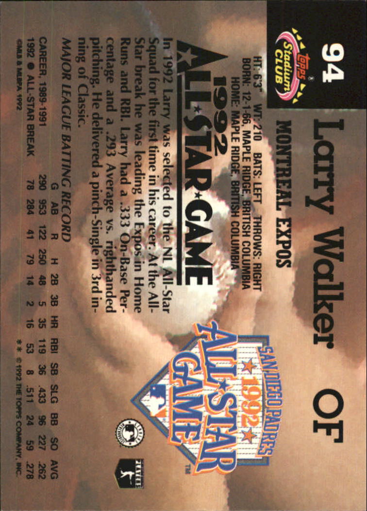 1993 Stadium Club Murphy #94 Larry Walker AS back image