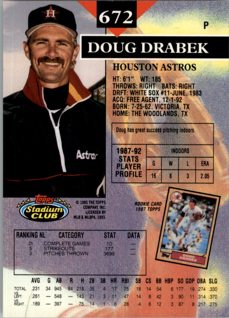 1993 Stadium Club First Day Issue #672 Doug Drabek back image