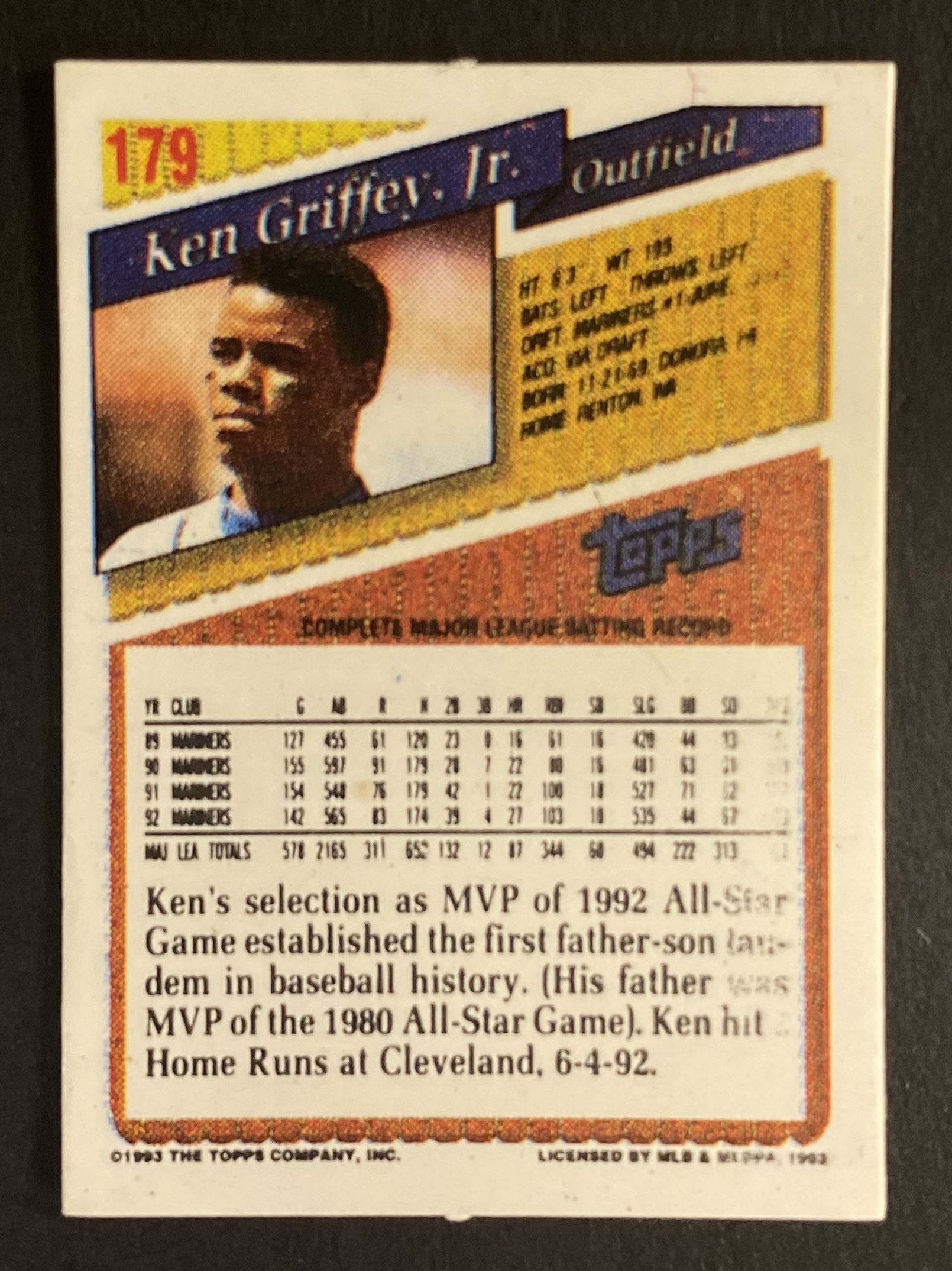 1993 Topps Micro #P179 Ken Griffey Jr. back image