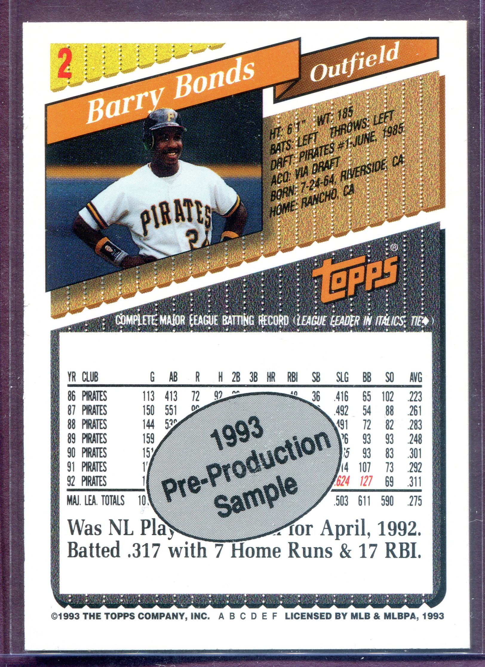 Barry Bonds Autographed 1993 Topps Pre-Production Sample Card #2