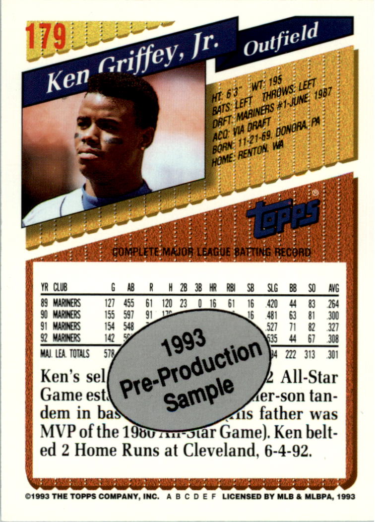 1993 Topps Pre-Production #179 Ken Griffey Jr. back image