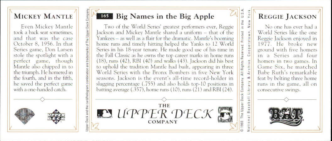 1993 Upper Deck All-Time Heroes #165 Reggie Jackson/Mickey Mantle back image