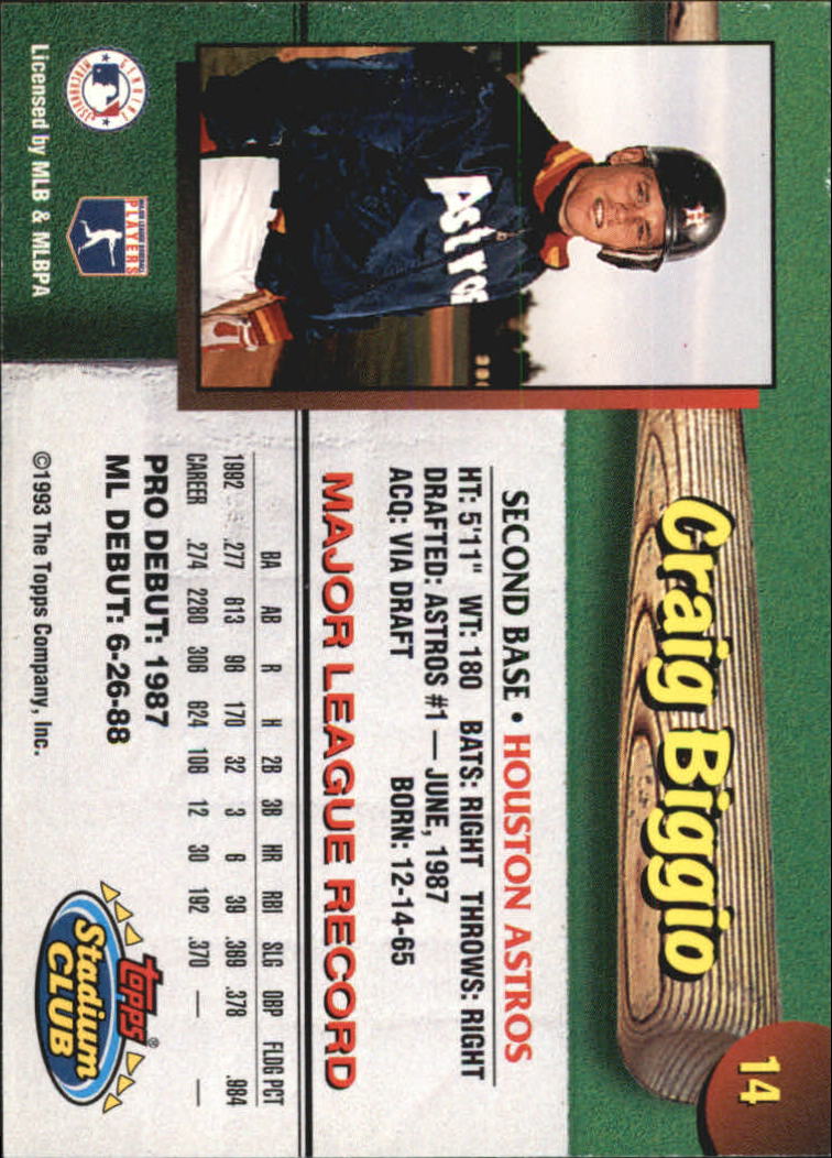 1993 Astros Stadium Club #14 Craig Biggio back image