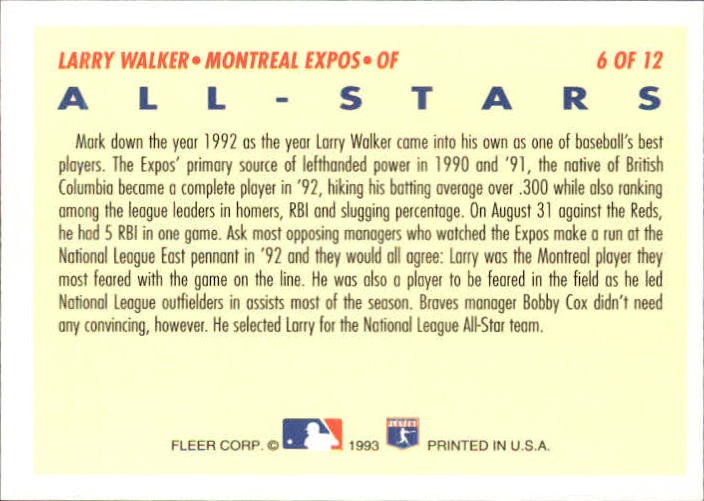 1993 Fleer All-Stars #NL6 Larry Walker NL back image