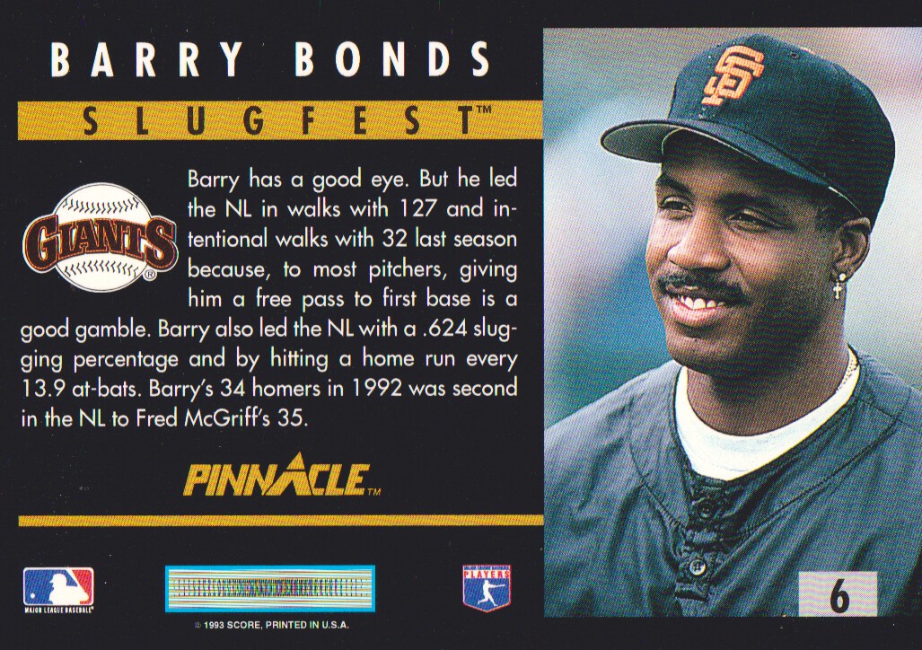 1993 Pinnacle Slugfest #6 Barry Bonds back image