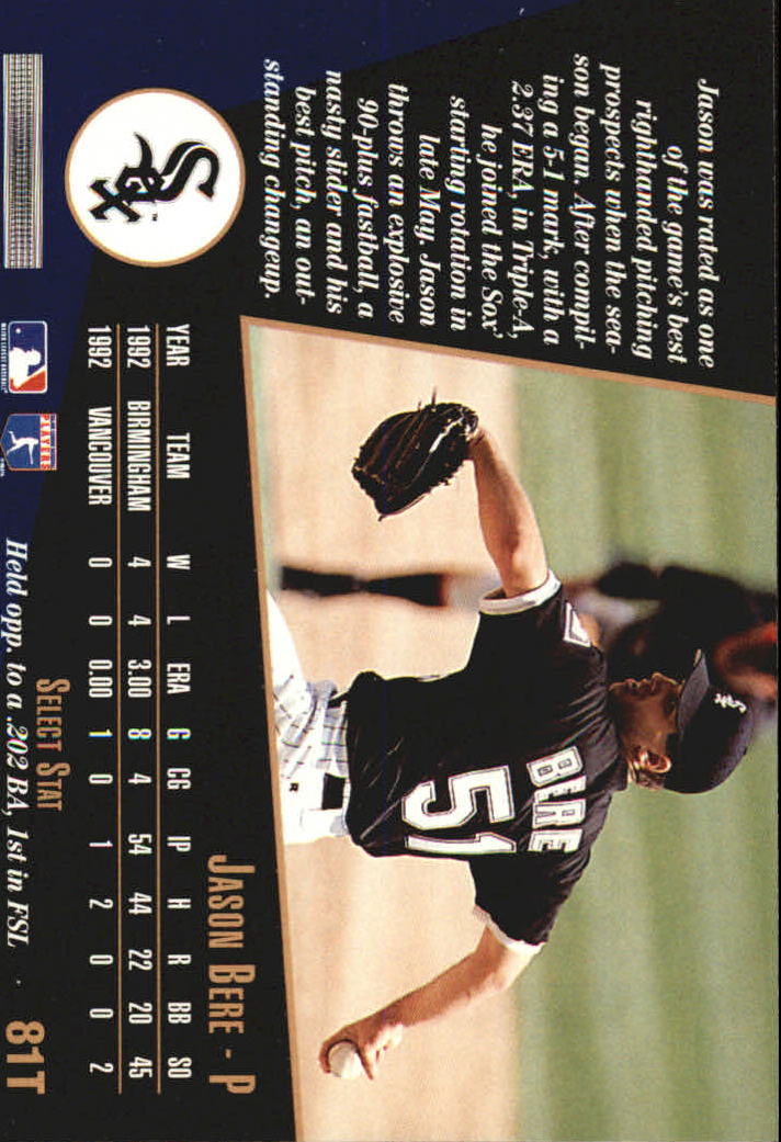 1993 Select Rookie/Traded #81T Jason Bere back image