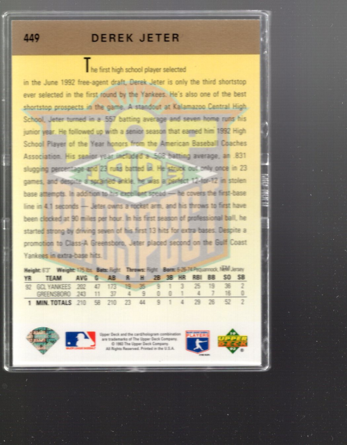 1993 Upper Deck Gold Hologram #449 Derek Jeter ! back image