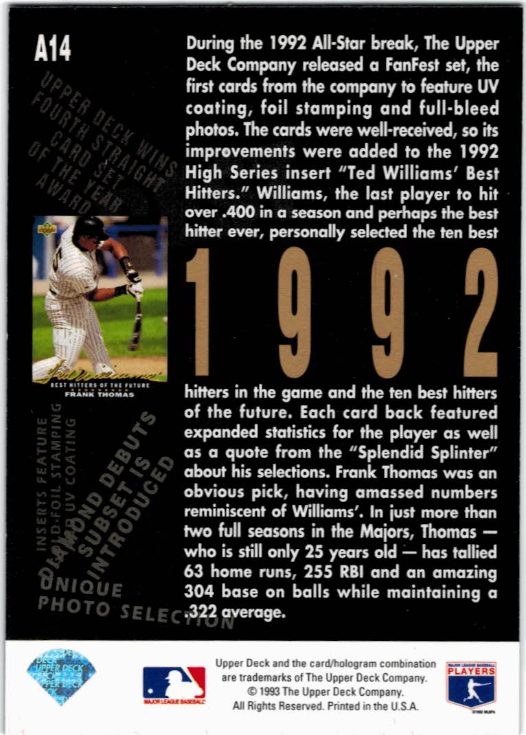 1993 Upper Deck Fifth Anniversary #A14 Frank Thomas back image