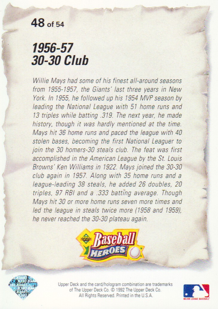1993 Upper Deck Mays Heroes #48 1956-57 30-30 Club back image