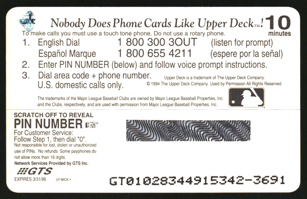 1994 Upper Deck Mantle Phone Cards #2 Mickey Mantle/1951: The Early Years