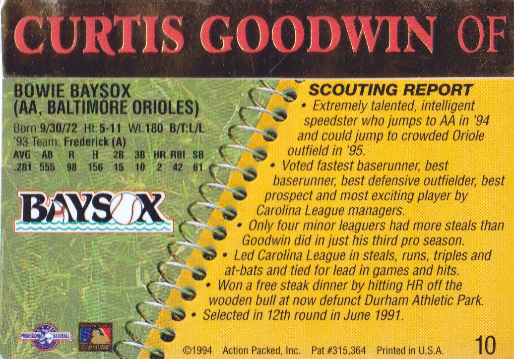 1994 Action Packed #10 Curtis Goodwin back image
