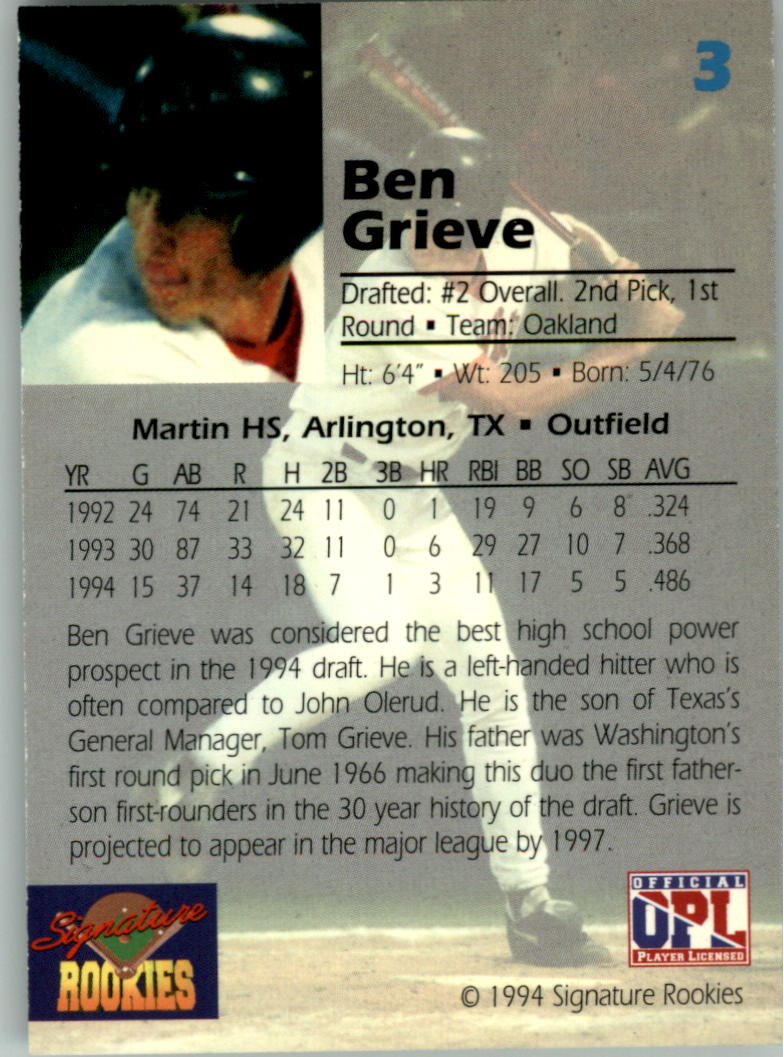 1994 Signature Rookies Draft Picks Signatures #3 Ben Grieve back image