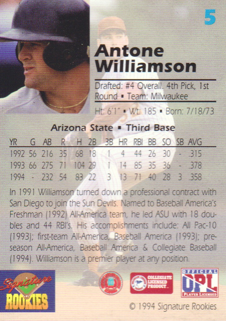 1994 Signature Rookies Draft Picks Signatures #5 Antone Williamson back image