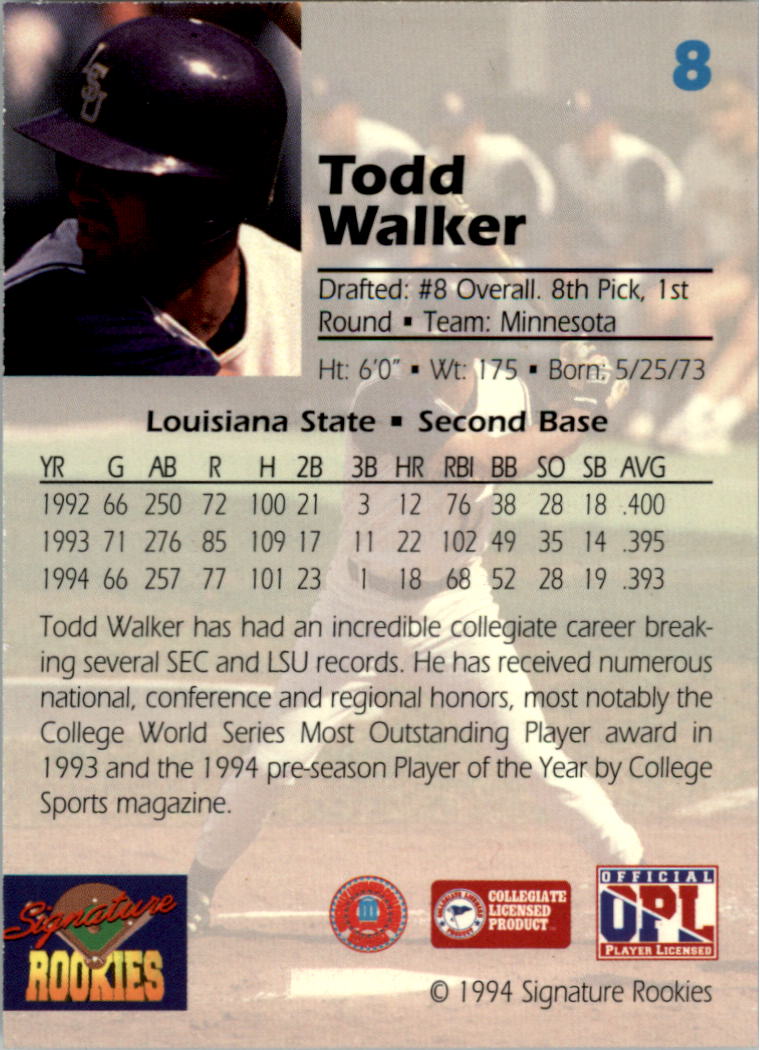 1994 Signature Rookies Draft Picks Signatures #8 Todd Walker back image