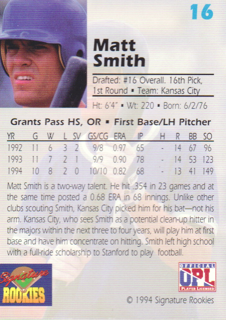1994 Signature Rookies Draft Picks Signatures #16 Matt Smith back image