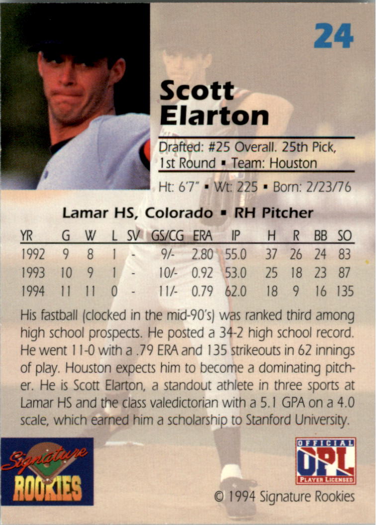 1994 Signature Rookies Draft Picks Signatures #24 Scott Elarton back image