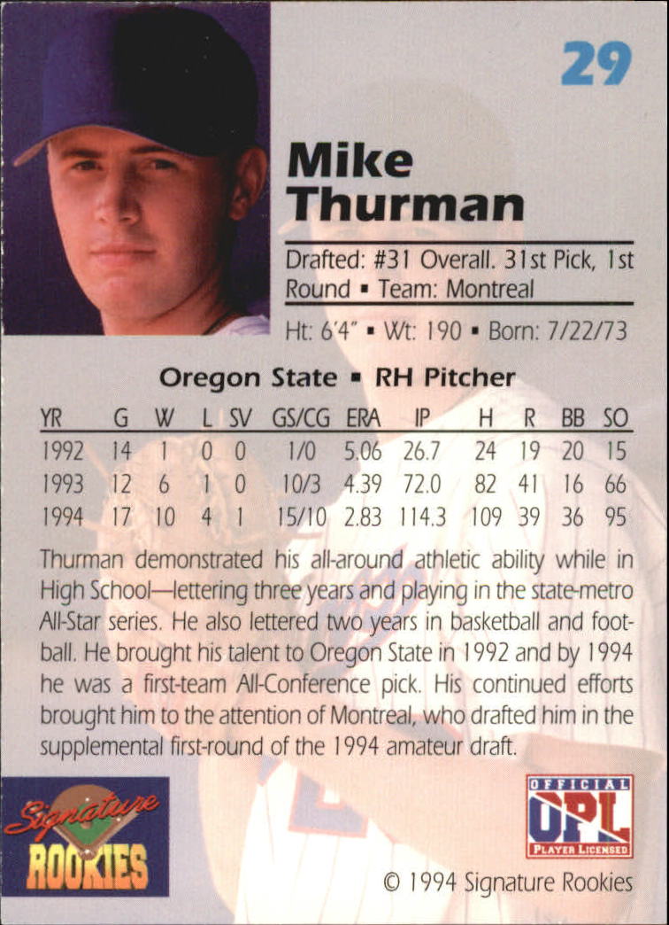 1994 Signature Rookies Draft Picks Signatures #29 Mike Thurman back image