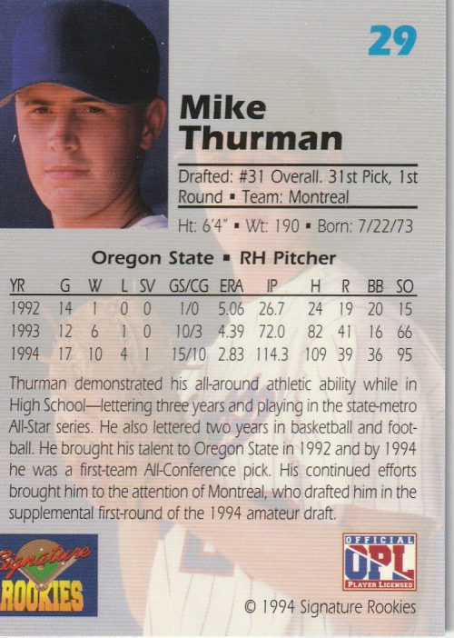 1994 Signature Rookies Draft Picks Signatures #29 Mike Thurman back image