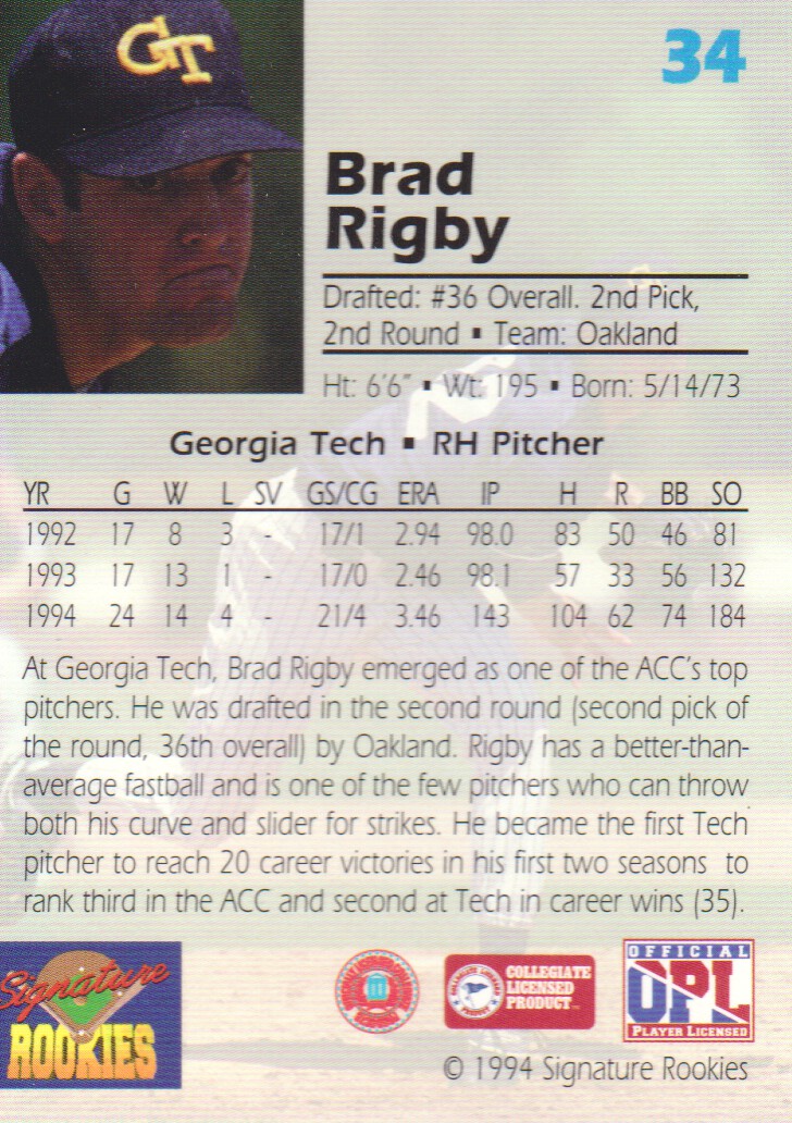 1994 Signature Rookies Draft Picks Signatures #34 Brad Rigby back image