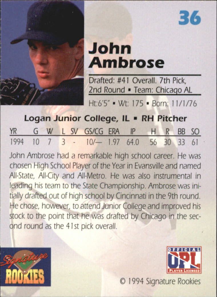 1994 Signature Rookies Draft Picks Signatures #36 John Ambrose back image