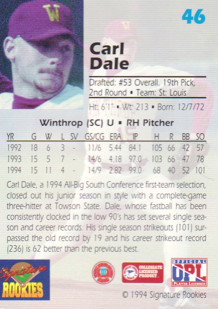 1994 Signature Rookies Draft Picks Signatures #46 Carl Dale back image