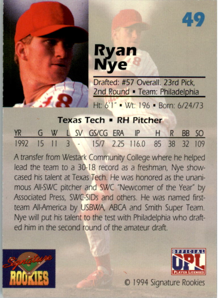 1994 Signature Rookies Draft Picks Signatures #49 Ryan Nye back image
