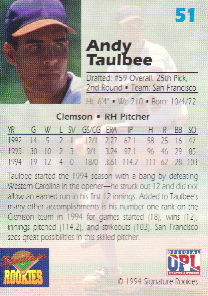 1994 Signature Rookies Draft Picks Signatures #51 Andy Taulbee back image