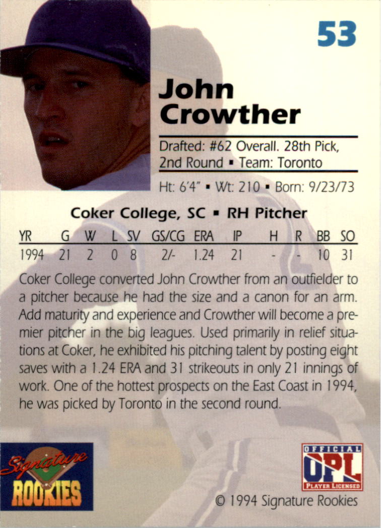 1994 Signature Rookies Draft Picks Signatures #53 John Crowther back image