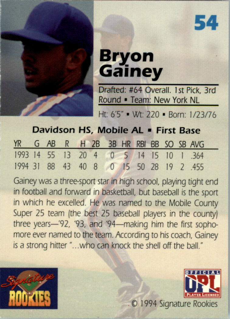 1994 Signature Rookies Draft Picks Signatures #54 Bryon Gainey back image