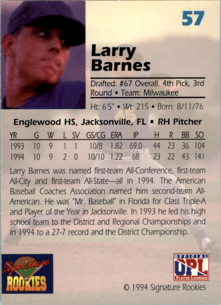 1994 Signature Rookies Draft Picks Signatures #57 Larry Barnes back image
