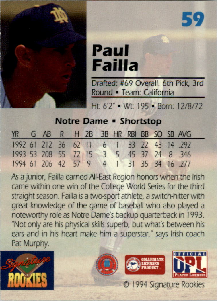 1994 Signature Rookies Draft Picks Signatures #59 Paul Failla back image