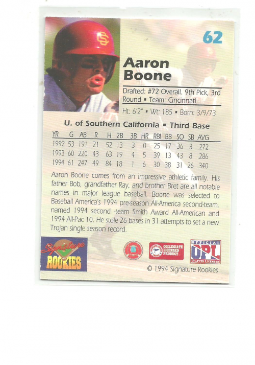 1994 Signature Rookies Draft Picks Signatures #62 Aaron Boone back image