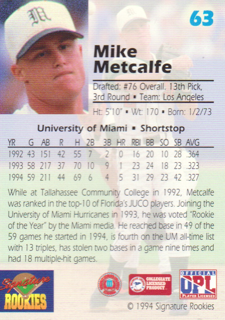 1994 Signature Rookies Draft Picks Signatures #63 Mike Metcalfe back image